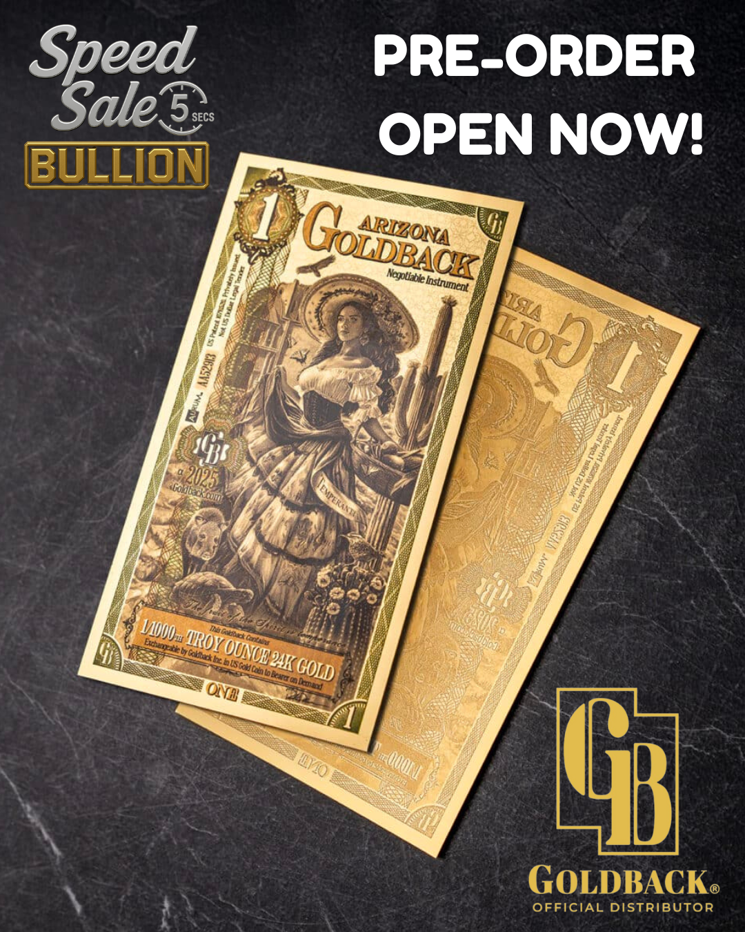 PRE-ORDER 1 Arizona Goldback 1/1000th troy oz 24K Gold