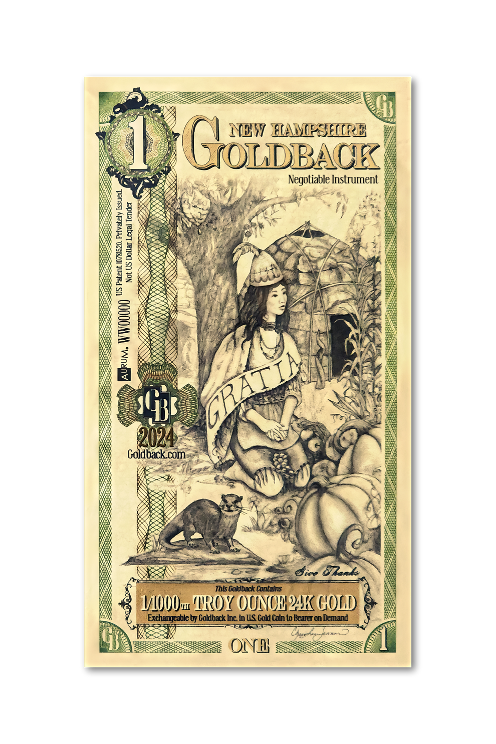 1 New Hampshire Goldback – Grace (Gratia) – 1/1000 Troy oz 24K Gold