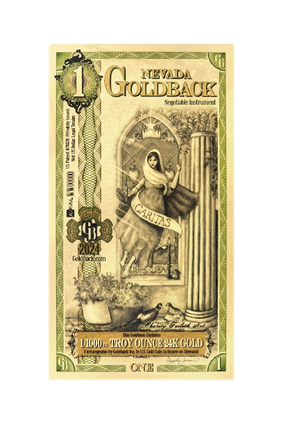 1 Nevada Goldback – Charity (Caritas) – 1/1000 Troy oz 24K Gold