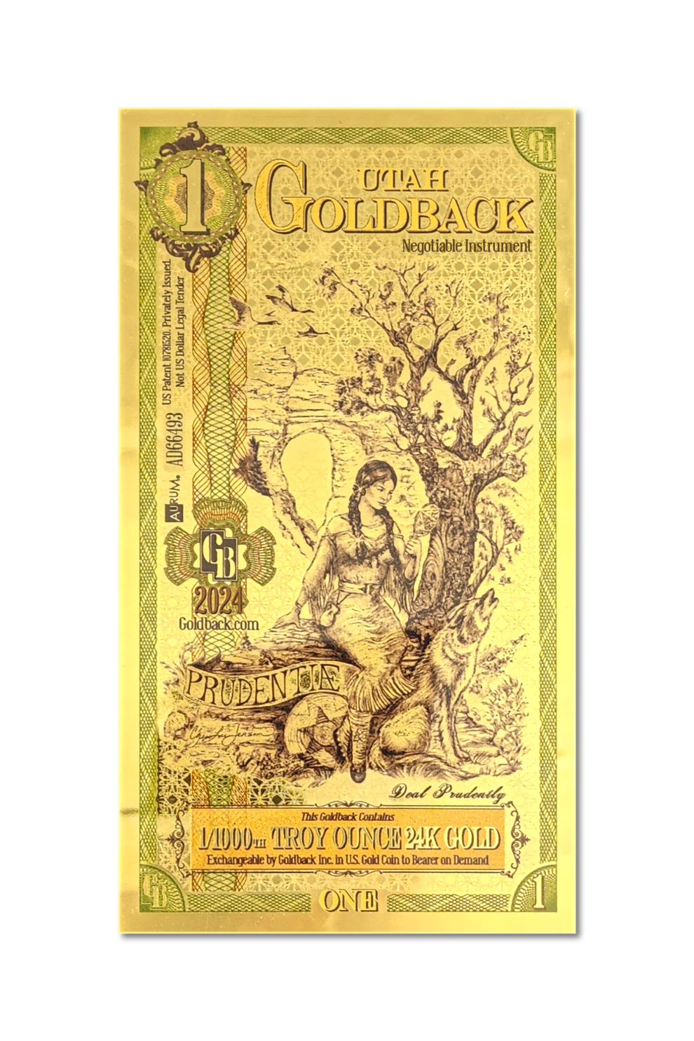 1 Utah Goldback – Prudence (Prudentia) – 1/1000 Troy oz 24K Gold