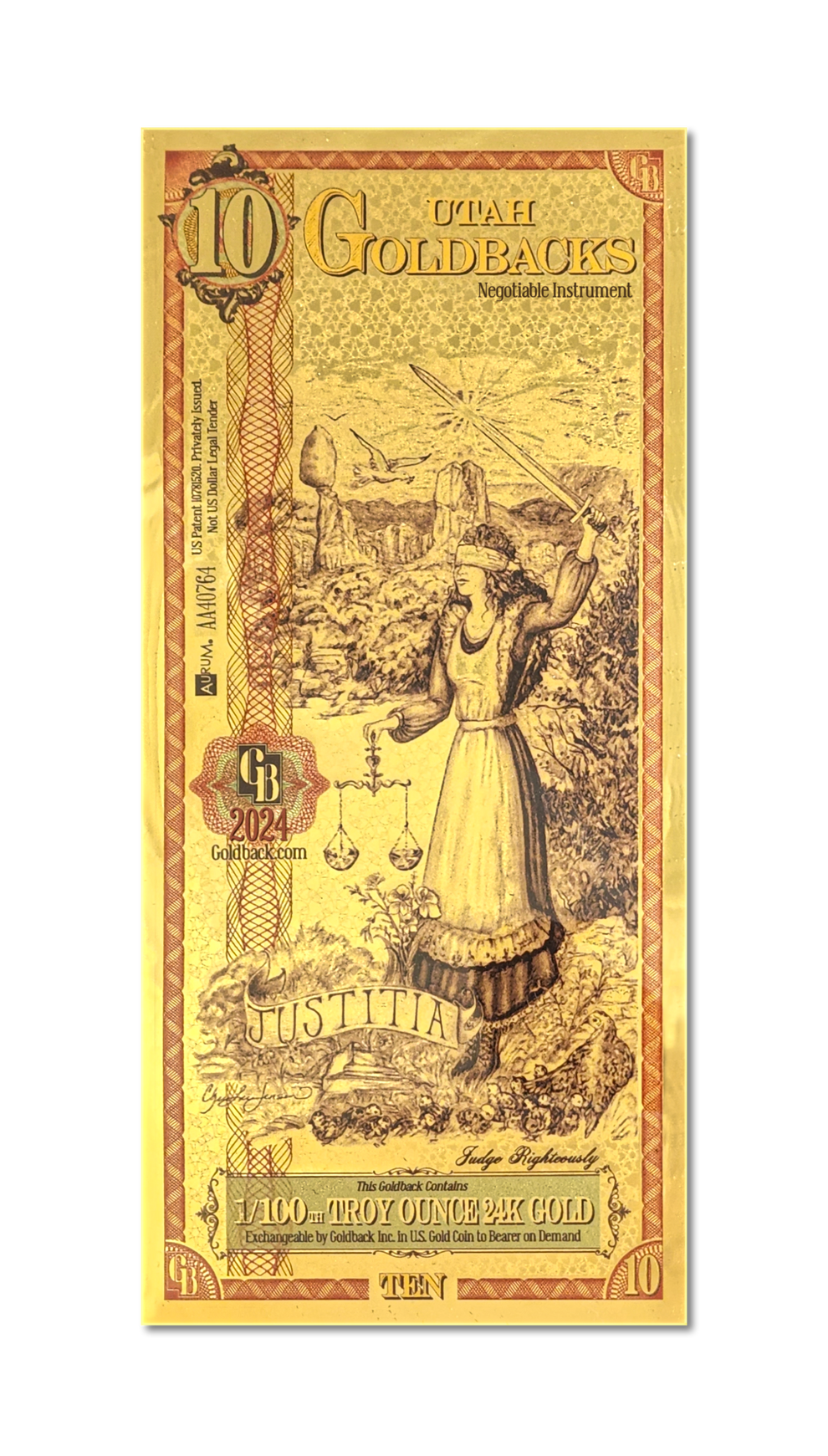 10 Utah Goldback – Justice (Justitia) – 1/100 Troy oz 24K Gold