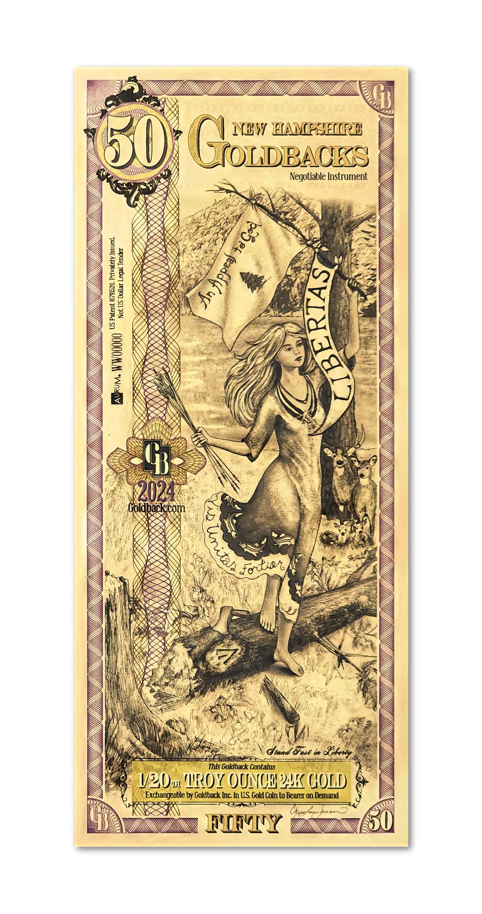 50 New Hampshire Goldback – Liberty (Libertas) – 1/20 Troy oz 24K Gold