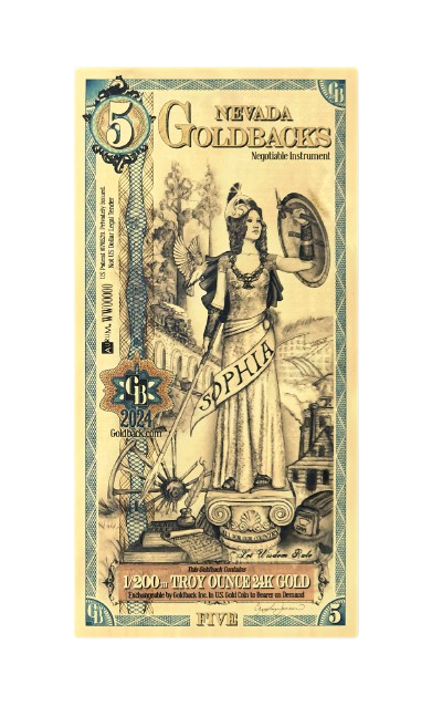 5 Nevada Goldback – Wisdom (Sophia) – 1/200 Troy oz 24K Gold