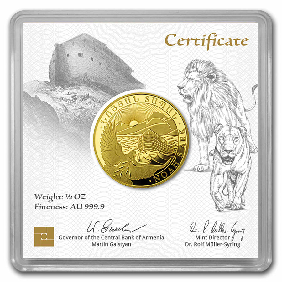 Noahs Ark Armenian 1/2oz 999.9 24k Fine Gold Coin in assay capsule