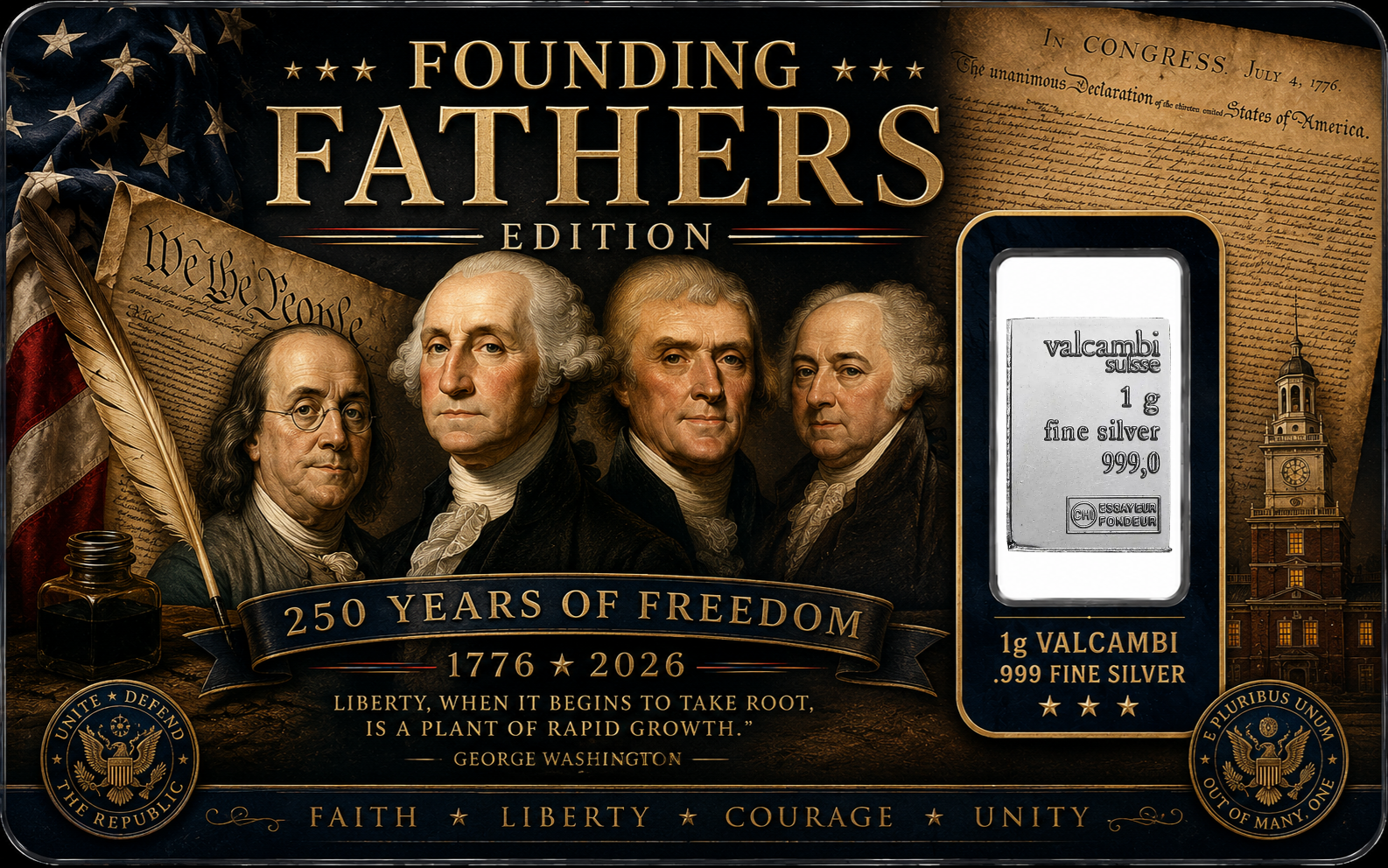 Founding Fathers Edition – 1g Valcambi Silver Card