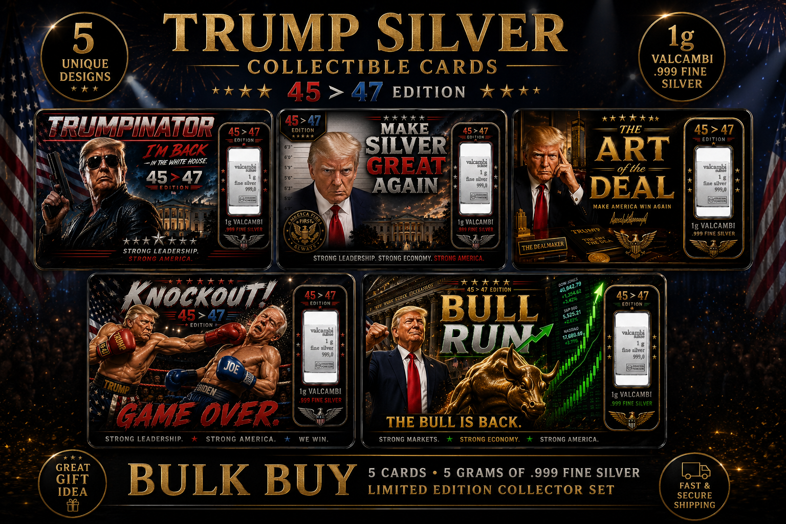 🇺🇸🔥 NEW RELEASE – TRUMP SILVER COLLECTIBLE 5 CARD SET 🔥🇺🇸
The full 45 ➜ 47 Edition has arrived
