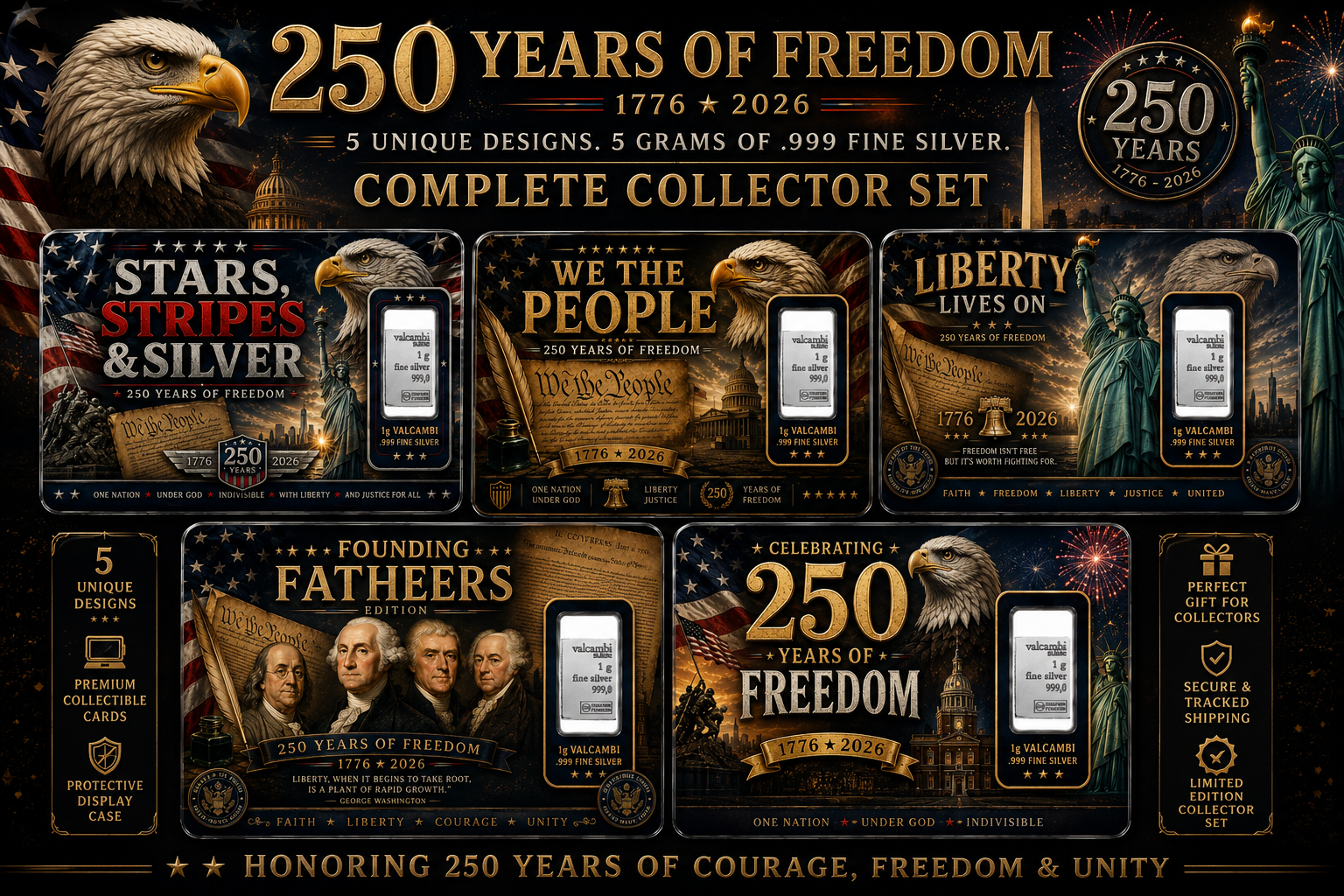 250 Years of Freedom – Complete 5 Card Collector Set 🇺🇸
Celebrate America's 250th Anniversary