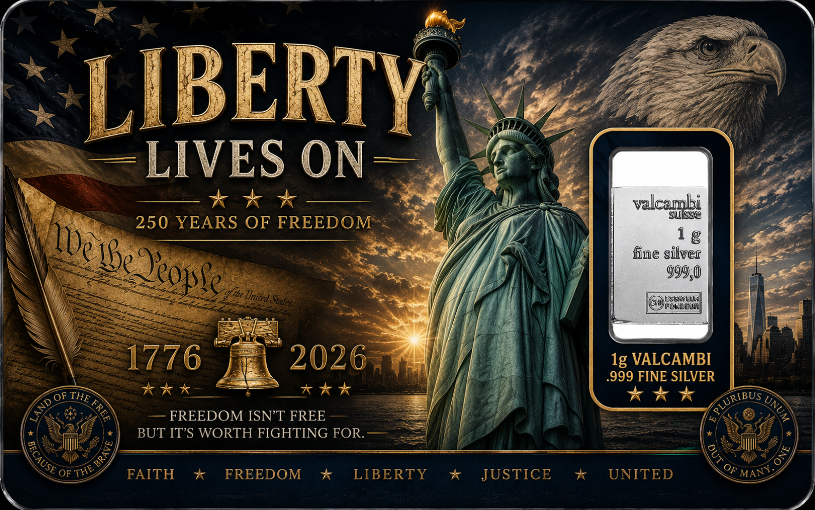Liberty Lives On – 1g Valcambi Silver Card