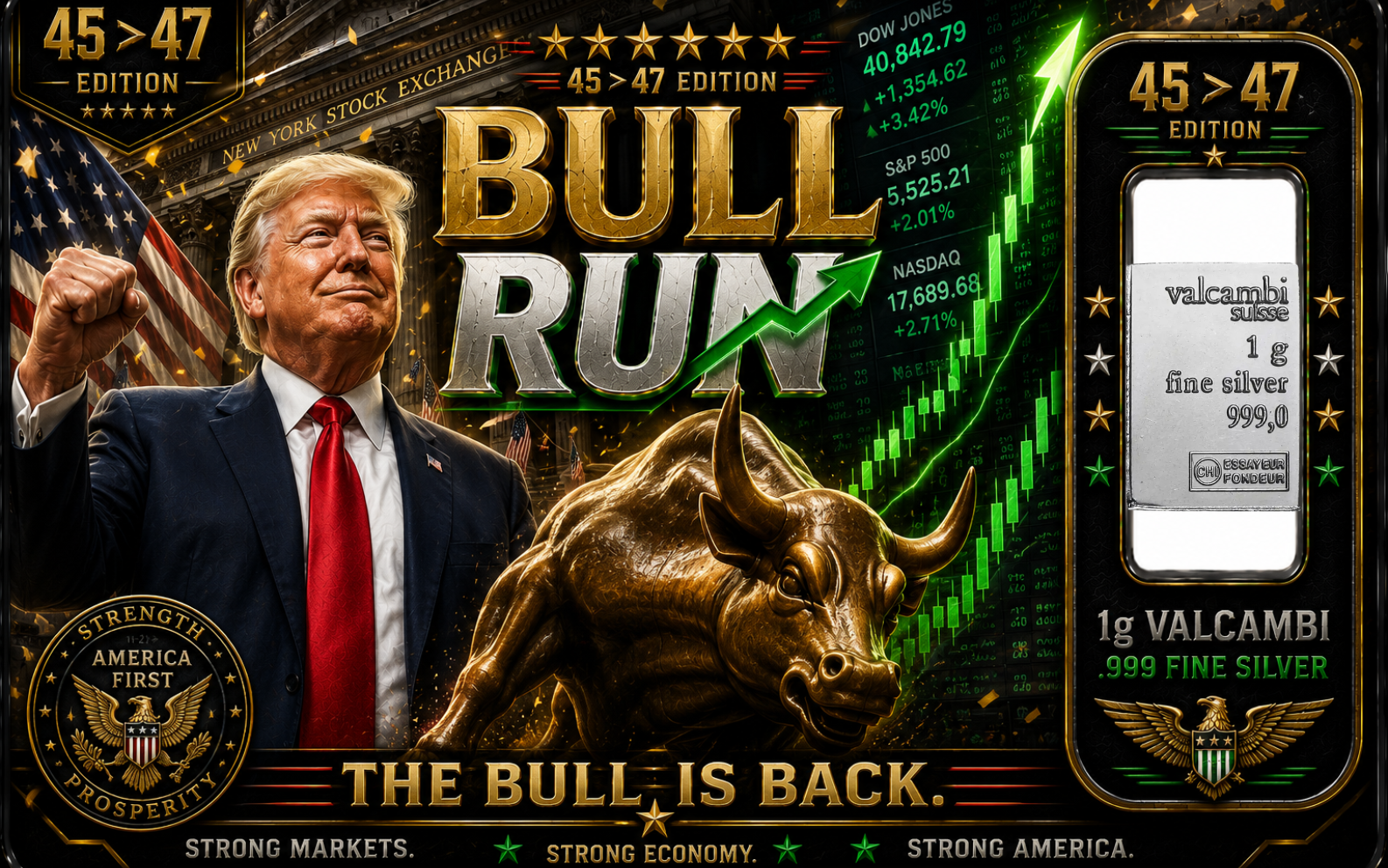 Bull Run – 45 ➜ 47 Edition – 1g Valcambi Silver Card