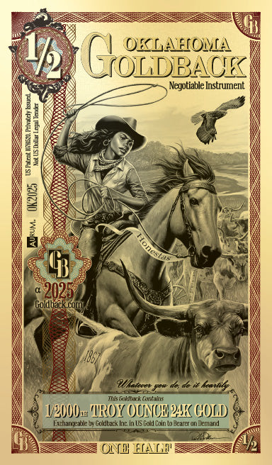 ½ Oklahoma Goldback – 1/2000 Troy Ounce of 24K Gold (Alpha Series